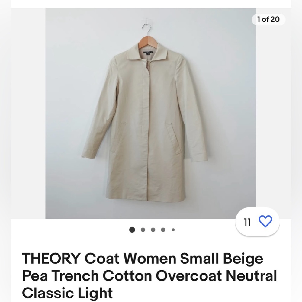 THEORY Coat Women Small Beige Pea Trench Cotton Overcoat Neutral Classic Light